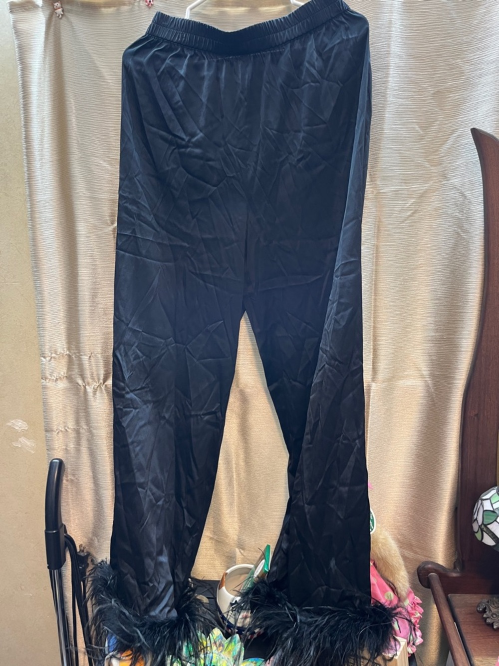 ANTONIO MELANI Black Wide-Leg Pants with Feather Trim